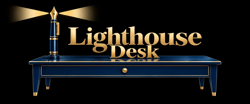 Lighthouse Desk — gold lettering above a navy desk with a fountain-pen lighthouse
